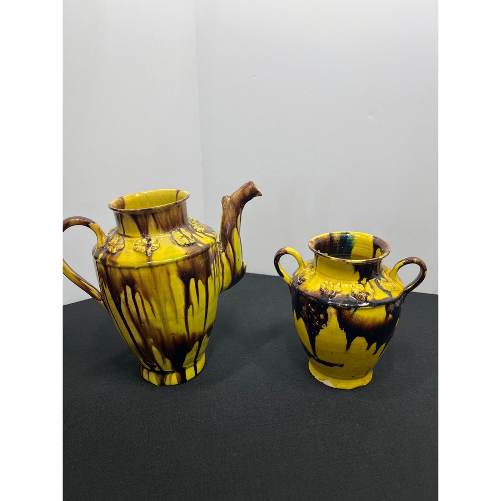 Vintage 1930s Mexican Folk Art Pottery Teapot & Jar Set Oaxaca Dripware Yellow